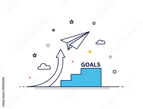 Flying high personal success illustrated by a paper airplane soaring upward past a small staircase labeled ?Goals?. The visual metaphor captures determination,