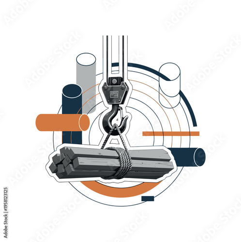 crane hook holding suspended wooden construction beams tied with rope, monochrome realistic texture with white contour outline, layered geometric cylinders and
