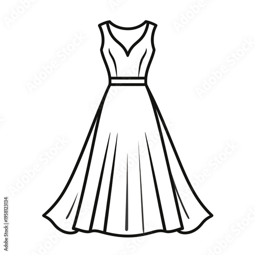 Elegant flat illustration of a sleeveless dress with V-neckline and belt, shown from a frontal view against a plain white background for product design reference