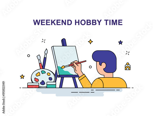 Weekend hobby time showing a person painting a small canvas while art tools rest nearby. The scene represents creativity, relaxation and enjoying simple real