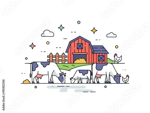 Farm farm animals grazing near a barn and fence representing livestock management, rural life, and agricultural activity. Decorative stars and tiny cow and