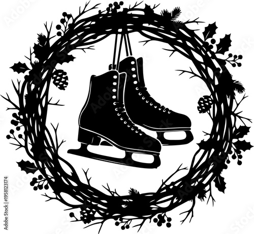 Black ice skates in winter wreath vector illustration