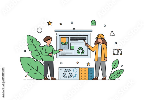 Sustainable design movement designer presenting an eco friendly concept board surrounded by plant leaves and recycled material samples. Inspirational scene