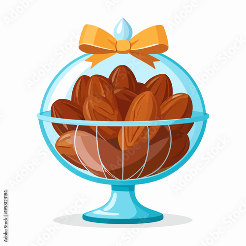 Front‑view cartoon illustration of a glass dish filled with almonds, topped with a decorative yellow bow, centered on a plain white background, presented as a digital graphic icon
