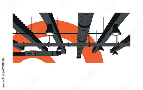 Black and white exposed ceiling beams and ductwork arranged rhythmically, bold geometric arcs softening the rigid structure, flat palette of black, white, deep