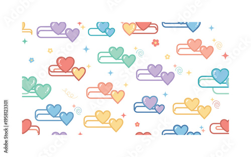 love connection icons hearts linked by simple lines sparkles and small flowers stylized as friendly romance motifs, flat vector smooth rounded geometry,