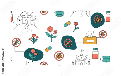 allergy awareness and prevention seamless pattern, flowers pollen masks tissues pill bottles and prevention icons arranged in a repeating pattern, white
