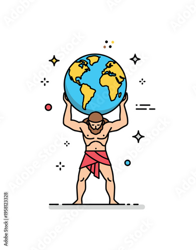 Atlas supporting the earth mythological titan holding a world sphere while standing in a stable heroic pose symbolizing endurance and perseverance. The