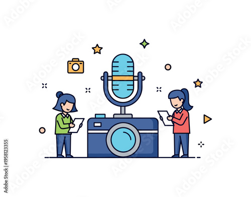 Journalist collaboration moment where two small characters review notes beside a microphone and camera icon. The scene suggests interviews, research, and