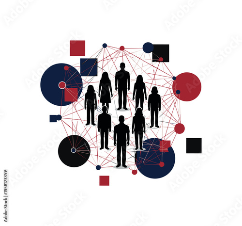 Monochrome group of silhouetted figures standing in a circle, intersected by abstract circular halos and thin connecting lines forming a web, flat geometric