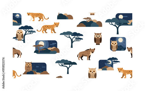 nocturnal safari animals seamless pattern, repeating pattern, surface design, textile print, modern illustration of owls, leopards, hyenas, and moonlit