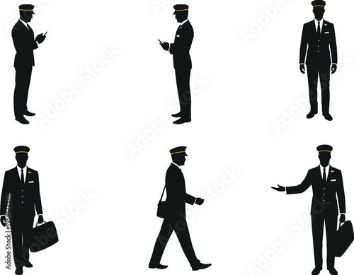 Airline pilot silhouettes set, uniformed aviation crew standing walking using phone holding bag, professional flight captain isolated illustration