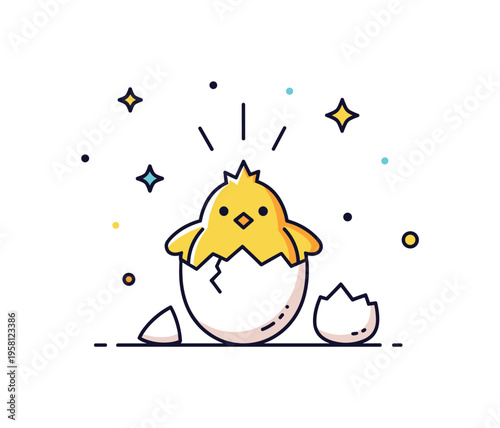 Spring chick hatching moment featuring a fluffy chick popping out of a cracked egg while tiny stars suggest excitement and new beginnings. The playful scene
