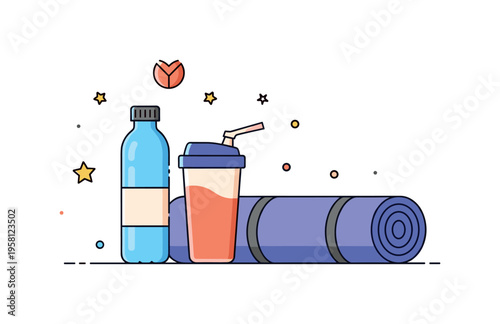 Active lifestyle essentials reusable water bottle, protein shake, and yoga mat arranged in a compact fitness scene. Friendly illustration expressing healthy