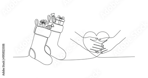Stocking Surprise. Minimalistic one-line drawing Christmas stockings with small gifts and candy peeking out, continuous single black line on white background,
