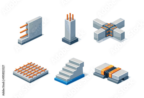 ConcreteStructure. Isometric flat vector icons set of concrete structure: concrete wall section, load-bearing column, beam joint node, slab reinforcement grid,