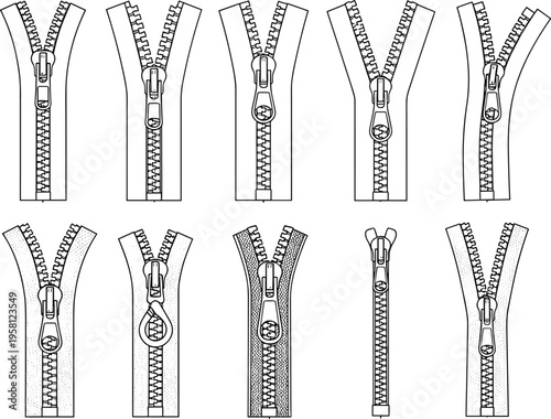 Zipper collection illustration, sewing clothing fastener set, different zipper styles, fashion tailoring elements, detailed line art vector isolated on white background