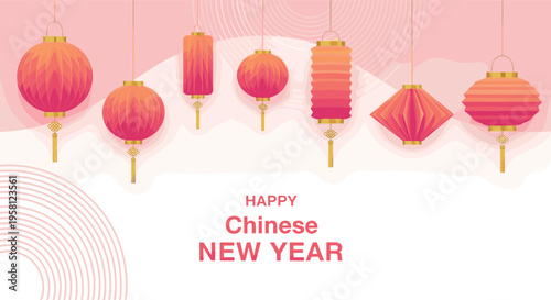 Happy Chinese New Year banner with hanging red lanterns and decorative circular patterns on soft pastel background for festive holiday celebration design