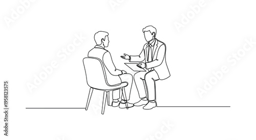 Caregiver Counseling. Minimalistic one-line drawing person sitting in chair receiving advice and support from another individual, continuous single black line