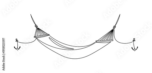 Relaxing Hammock. Minimalistic one-line drawing hammock gently sagging between two anchors suggesting peaceful rest, continuous single black line on white