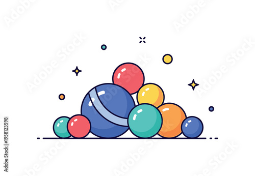 Ball in a small pile with other colorful balls, suggesting collection, variety, and playful interaction. Minimalist flat vector illustration, compact