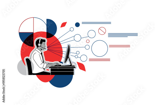 monochrome customer support agent with headset at computer workstation, white contour cut-out outline, geometric circles and horizontal lines representing