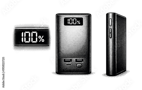 Power bank ? power bank with digital display. A realistic power bank with digital display depicted as the same object in three views, highlighting screen