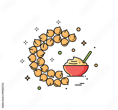 Chickpeas arranged in a neat cluster forming a gentle circular shape with a small hummus bowl accent to suggest Mediterranean cuisine and healthy snacking. The