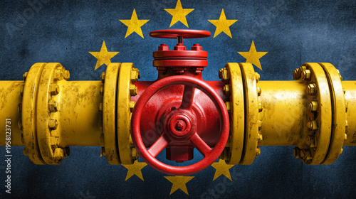 Gas pipeline with a red flow control valve is set against a backdrop of the European flag in an industrial context. This scene relates to the energy sector
