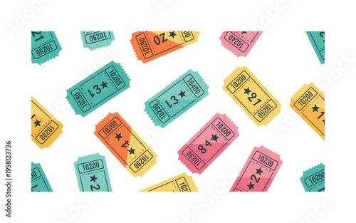 festival tickets seamless pattern, repeating pattern, surface design, textile print, soft color palette, modern illustration, flat vector colorful ticket stubs