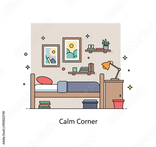 Neutral toned dorm interior with a simple bed, framed wall art and a small desk lamp. Balanced spacing and a compact ?Calm Corner? caption communicate peaceful