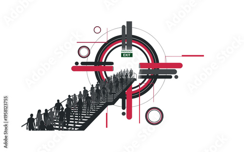 monochrome crowd moving down stairs toward an emergency exit, layered circular rings and abstract rectangles suggesting orderly evacuation, crimson red and