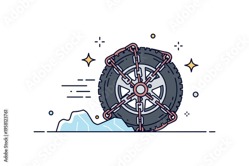 Icy road traction tire with snow chains gripping a slick icy patch while tiny motion stars highlight stability and control. Visual metaphor of reliable vehicle