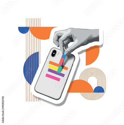 monochrome hand placing colorful tape strips onto a phone case for DIY design, white cut-out outline around phone and hand, abstract semicircles and vertical