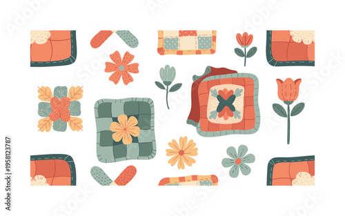 handmade quilt patterns stitched fabric pieces floral patches and cozy blankets illustrated as decorative home elements, flat vector smooth rounded geometry,