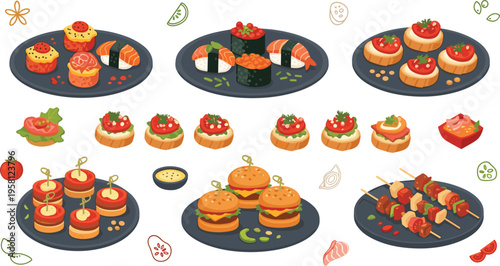 Delicious appetizer set with sushi burgers bruschetta and skewers, party finger food assortment flat vector illustration collection for menu catering design