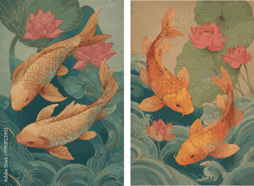 Vintage Asian Style Koi Carp Fish and Botanical Lotus Water Lily Vector Art