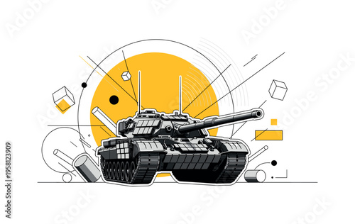 black and white tank advancing with raised turret and visible armor plates, large yellow circle behind the tank symbolizing intense action and focus, thin