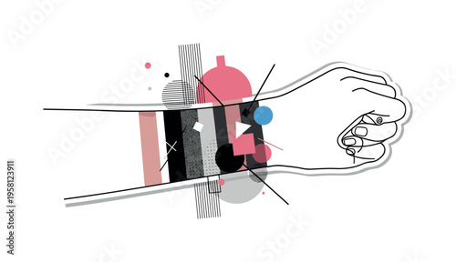 wrist with layered eye shadow swatches abstract circles lines and geometric shapes representing blending techniques black and white retro wrist object with