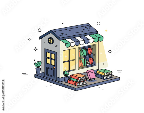 Tiny glowing bookshop cozy miniature bookstore with warm lights shining through the windows and a few books arranged in a charming display. Minimalist flat