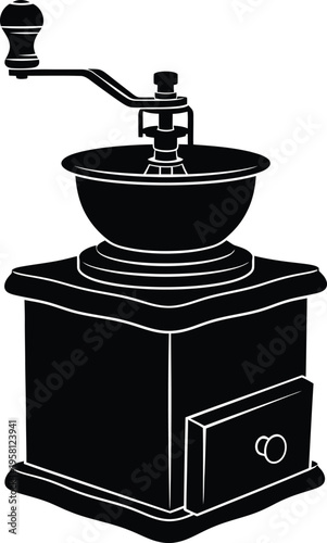 Vintage antique manual wood and metal coffee grinder mill isolated on white background for kitchen cafe espresso drink