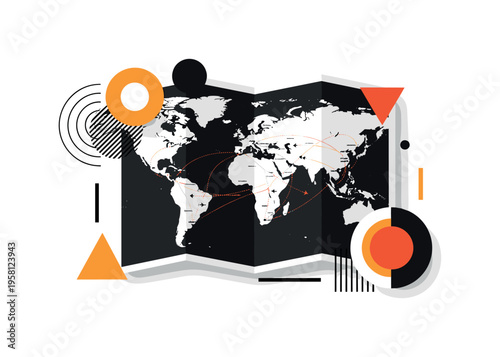 travel map exploration scene with geometric circles abstract shapes and lines, black and white unfolded world map marked with travel routes with layered