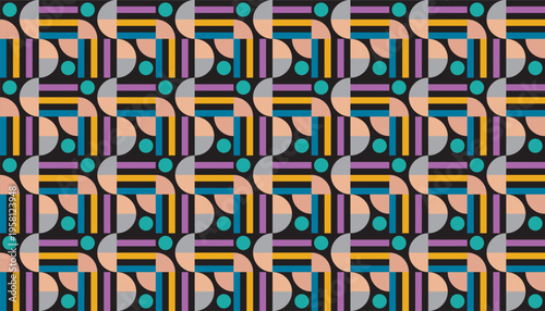 Retro mid-century seamless geometric pattern with abstract shapes and colorful stripes on black background