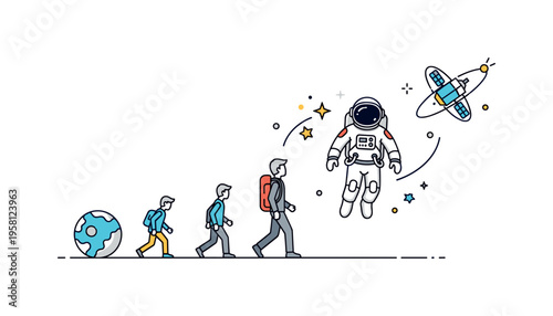 Journey from Earth to stars human silhouettes evolving step by step toward a modern astronaut floating near a small orbital station. Visual metaphor of