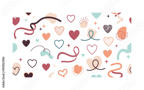 romantic hearts with sparkles ribbons and soft decorative shapes arranged as love themed icons, flat vector rounded shapes, rich modern palette with ? accent