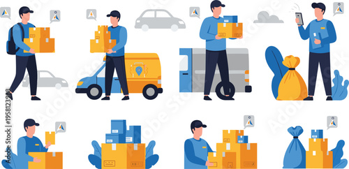 Delivery service set with courier, packages and logistics process, shipping, tracking and parcel handling cartoon vector illustration collection