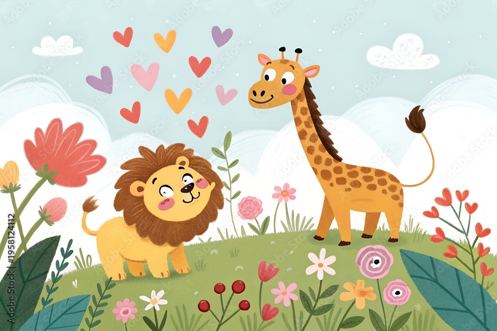 Naklejka premium Charming illustration of a friendly cartoon lion and a smiling giraffe on a vibrant green hill, surrounded by colorful flowers, with many hearts floating in the blue sky, symbolizing friendship.