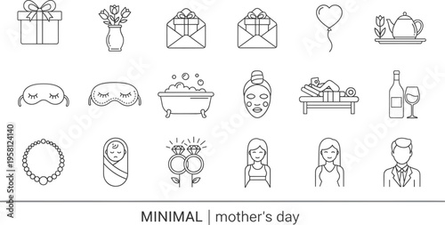 Mother's Day minimal line icon set, spa wellness and gift symbols, family and celebration vector illustrations, feminine self care outline icons.