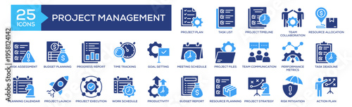 Project Management icon collection set. Containing design Project Plan, Task List, Project Timeline, Team Collaboration, Risk Assessment. Solid icon collection.
