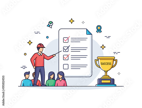 Project success leadership illustrated with a project manager guiding a team toward a completed checklist and a small trophy labeled ?Success?. The composition
